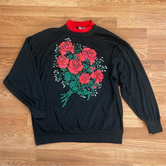 VINTAGE Grandma Floral Roses Graphic Sweatshirt Crewneck Pullover 90s Sz Large - Picture 2 of 7
